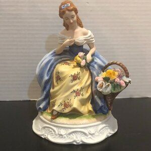 Vintage Lefton Hand Painted Lady Figurine w/ Flower Basket Japan KW20444 8" Tall